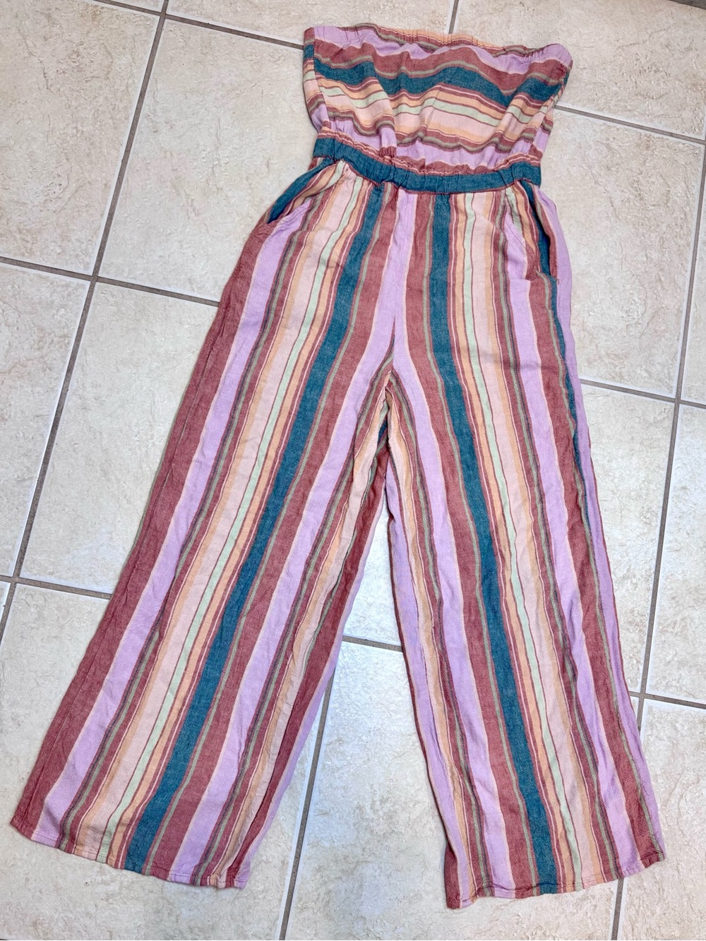 American Eagle Striped Wide-Leg Strapless Jumpsuit in Pink & Teal